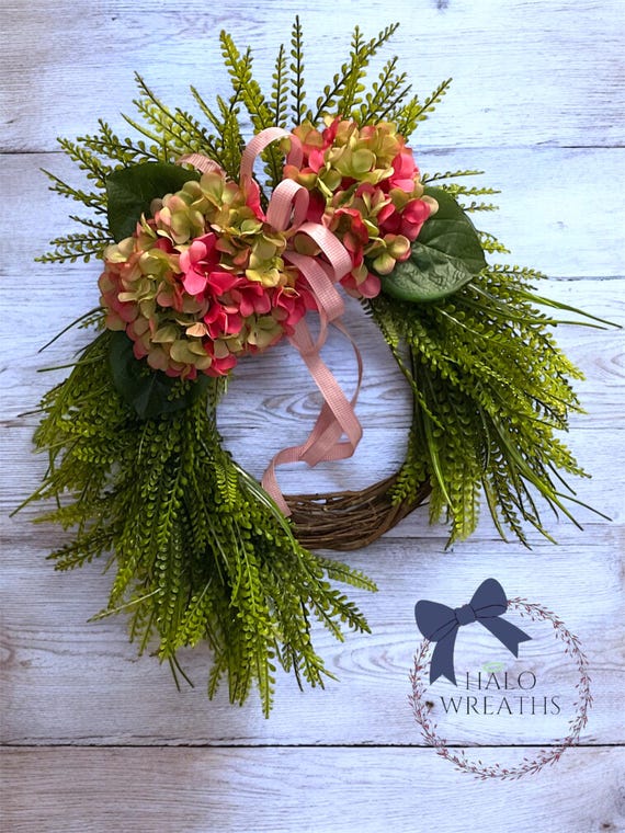 Beaded Grass and Hydrangea Wreath for Front Door – Summer Grapevine Wreath with Pink Ribbon – Farmhouse Door Decor – Spring to Summer Wreath