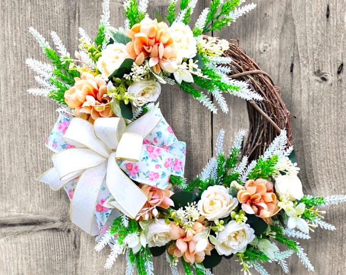 Peach Rose Floral Grapevine Wreath: Floral Door Decor