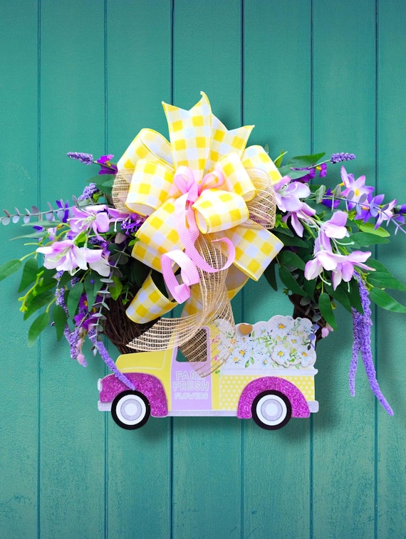 Farm Fresh Flowers Spring Truck Wreath - Handmade Floral Door Decor