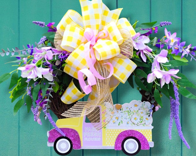 Farm Fresh Flowers Spring Truck Wreath - Handmade Floral Door Decor