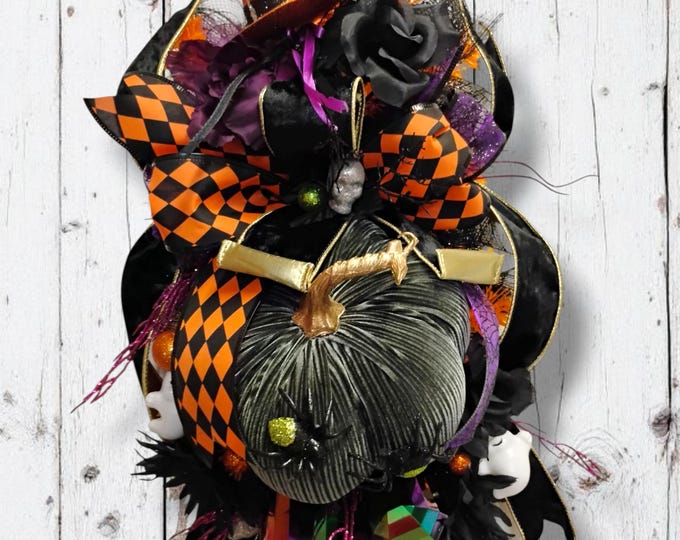 Halloween Witch Wreath with Pumpkin, Black Roses & Orange Hat