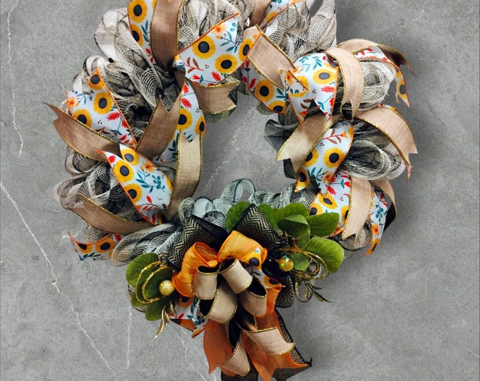 Sunflower Fall Wreath: Burlap Ribbon, Rustic Farmhouse Autumn Decor