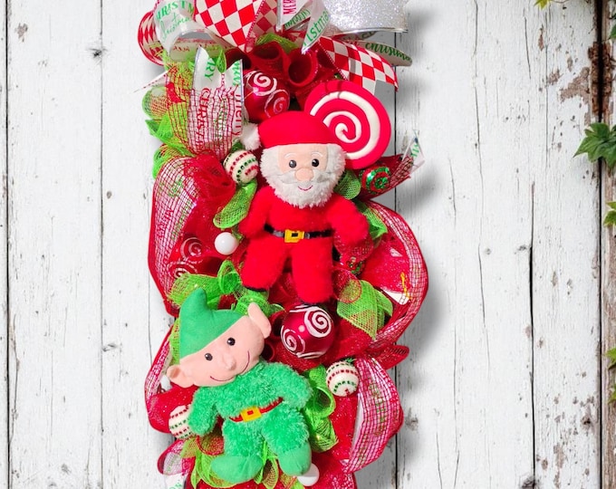 Santa and Elf Christmas Swag | Whimsical Holiday Door Decor