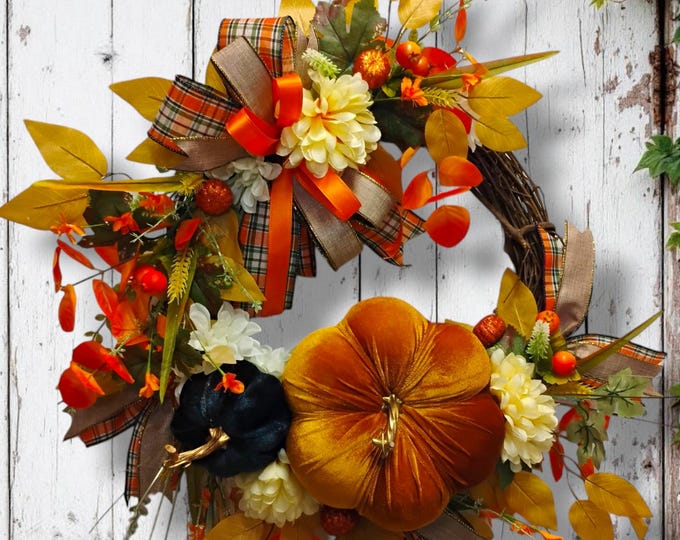 Velvet Pumpkin Harvest Charm Fall Wreath One of a Kind Beauty at a Special Price!