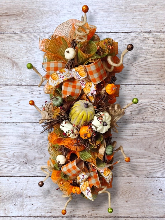 Rustic Harvest Wreath or Centerpiece – Pumpkin & Ribbon Fall Decor