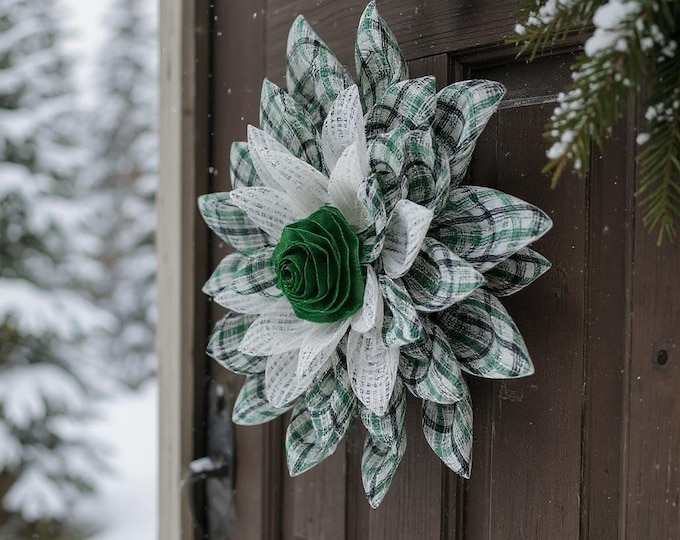 Flower Petal Wreath – Green and White Deco Mesh Door Decor, Geometric Modern Wreath, Great Gift Idea, Unique Front Door Accent