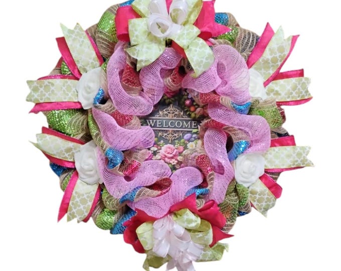 Welcome Wreath: Pink, Green and Blue with White Roses