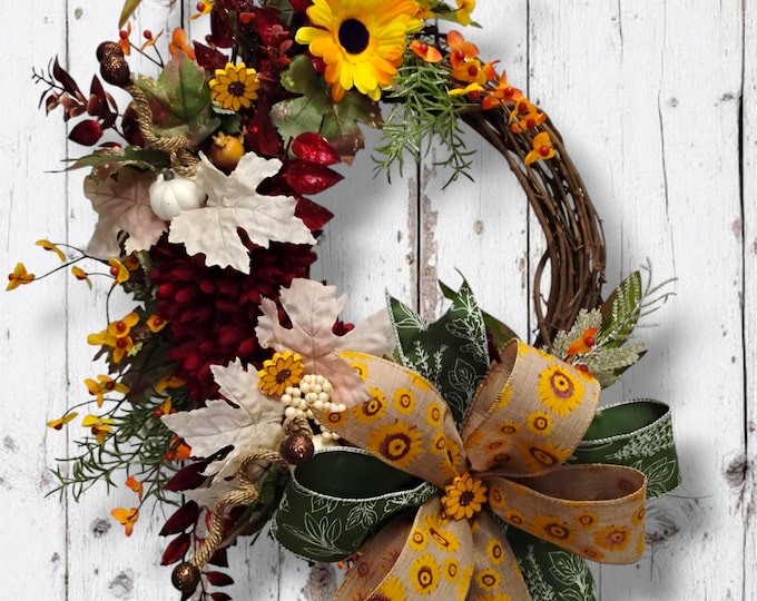 Elegant Fall Wreath with Sunflowers and Rich Fall Colors