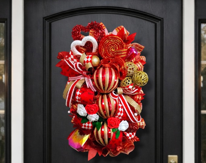 Valentine Door Wreath Swag, Large Vertical Heart Wreath, Red & Gold Luxury Ribbon Valentine Decor
