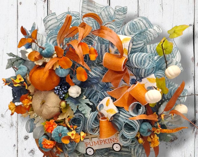 Vibrant Fall Wreath with Burlap Pumpkins, Blue and Orange 25 Inch Front Door Decor