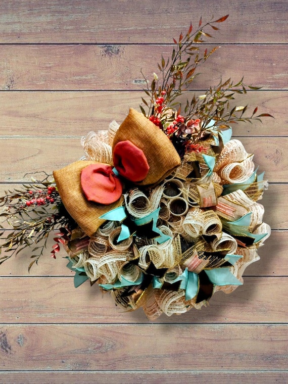 Rustic farmhouse Deco Mesh Wreath with Burlap Bow Handmade Door Decor