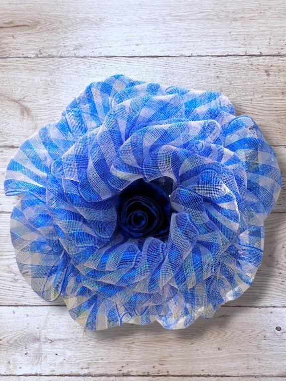 Exclusive Camellia Flower Wreath – Blue & White Deco Mesh | 24 Inches Large Flower Wreath