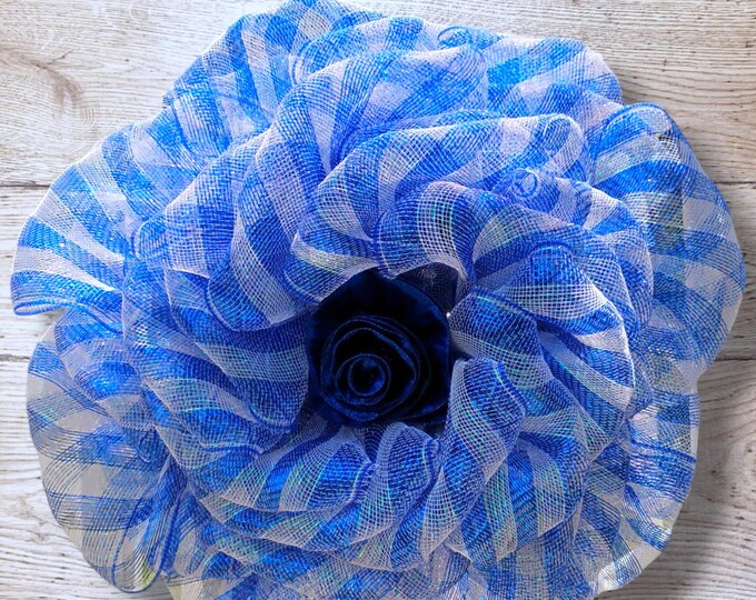 Exclusive Camellia Flower Wreath – Blue & White Deco Mesh | 24 Inches Large Flower Wreath