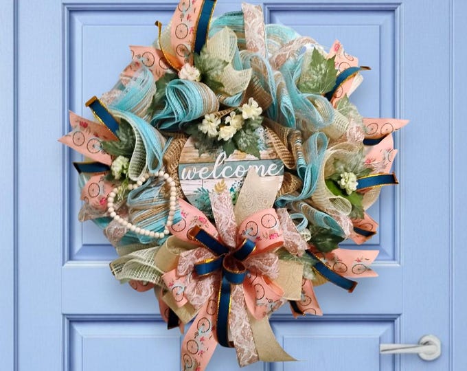 Vintage Style Cottagecore Front Door Wreath – Peach and Teal Bicycle Ribbon Floral Design – Everyday Welcome Decor– 23 Inch