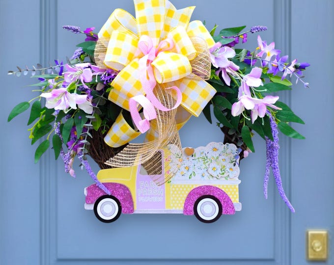 Farm Fresh Flowers Spring Truck Wreath - Handmade Floral Door Decor