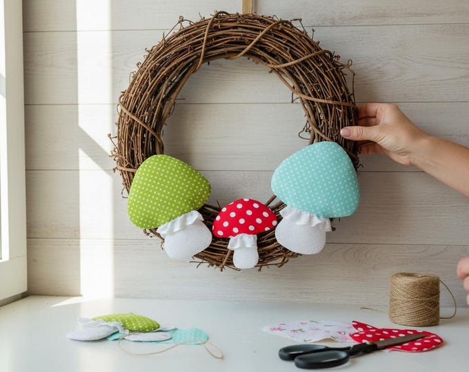 Set of 3 Mushroom Wreath Attachments, Handmade Spring Decor,Interchangeable Wreath Accent, Fabric Mushrooms