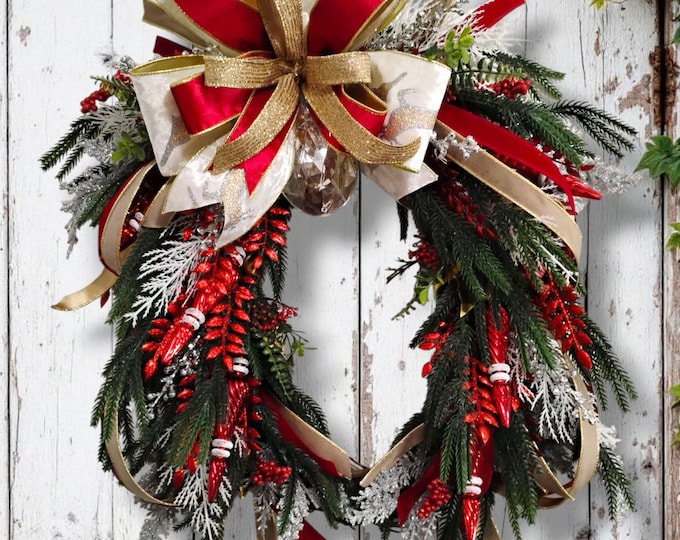 Luxury Christmas Wreath: Red and Gold Ribbon, Jeweled Pine, Handmade