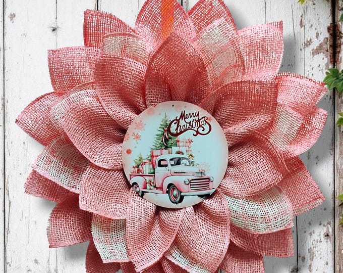 Pink Burlap Christmas Flower Wreath: Vintage Truck Farmhouse Decor
