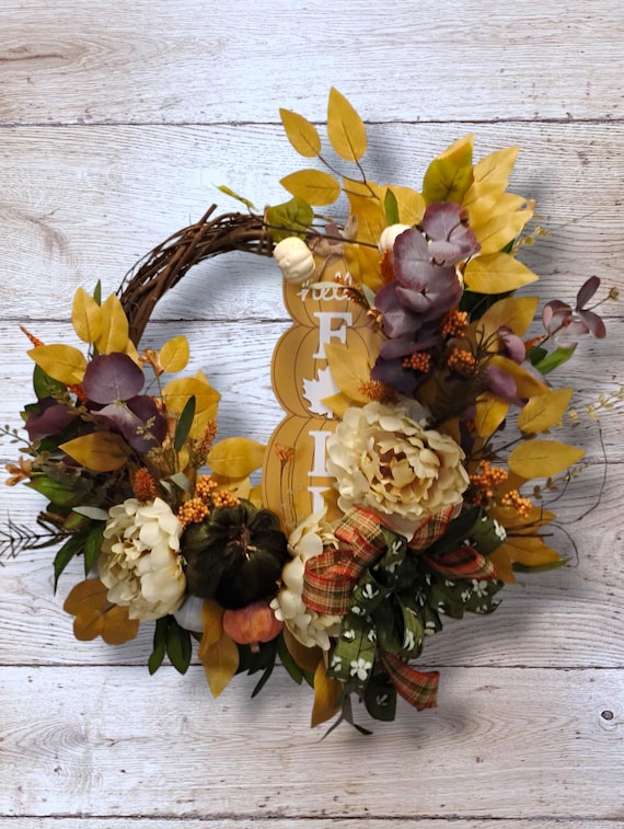 Fall Pumpkin Wreath for Front Door – Rustic Grapevine Wreath with Velvet Pumpkins, Peonies, Fall Sign & Farmhouse Bow