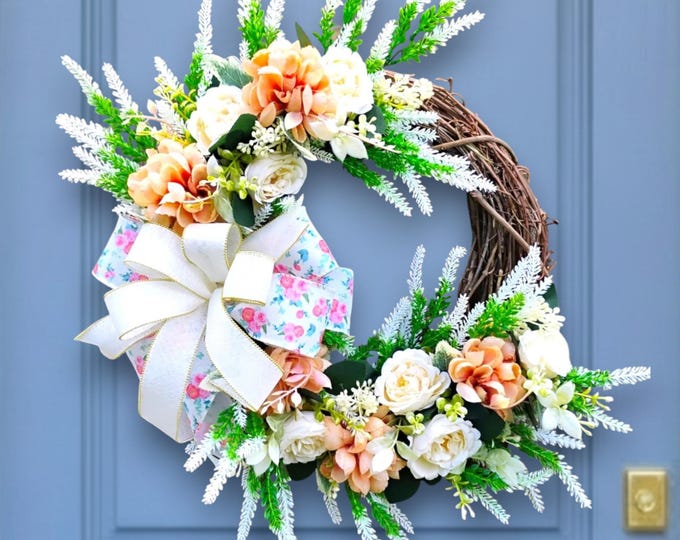 Peach Rose Floral Grapevine Wreath Floral Door Decor