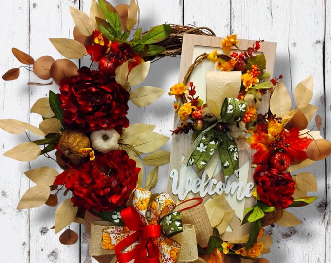 Farmhouse Fall Grapevine Wreath with Barn Door Welcome Sign – Rustic Autumn Front Door Decor