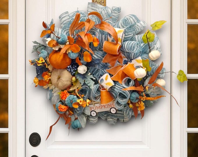 Vibrant Fall Wreath with Burlap Pumpkins, Blue and Orange 25 Inch Front Door Decor