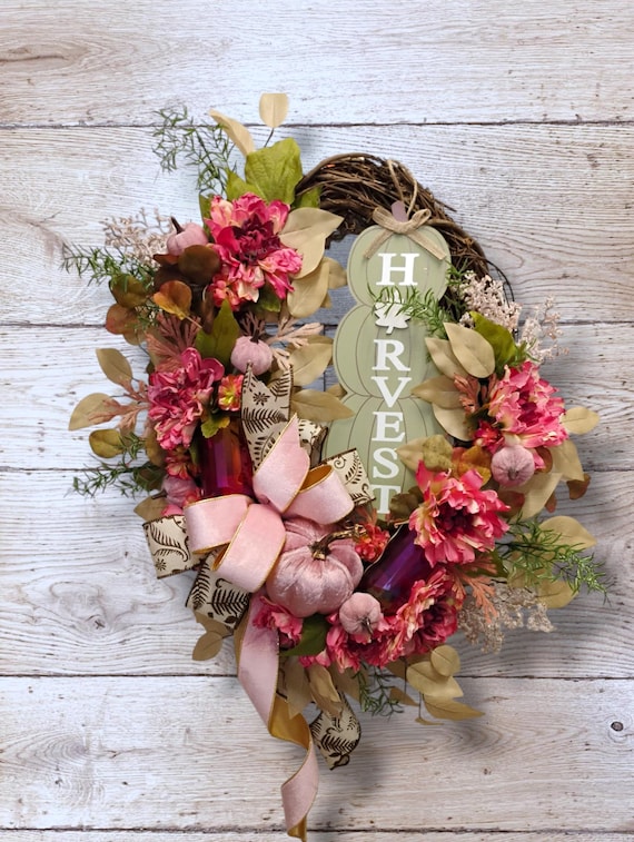 Blush Pink Fall Pumpkin Wreath with Velvet Pumpkins, Grapevine Wreath, Elegant Fall Front Door Decor