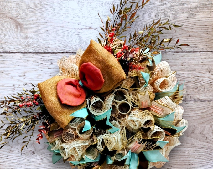 Fall Deco Mesh Wreath with Bow, Rustic Fall Accent Door Decor