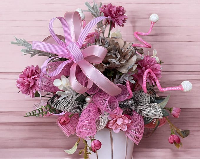 Pink Faux Floral Arrangement: Farmhouse Bucket Centerpiece