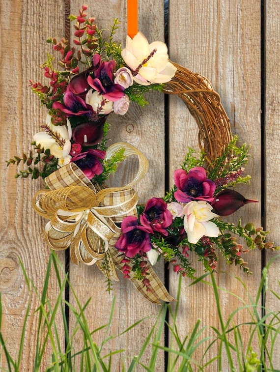 Rustic Plum and Cream Floral Grapevine Wreath Handmade Spring Summer Door Decor with Elegant Bow magnolias and cala lilies