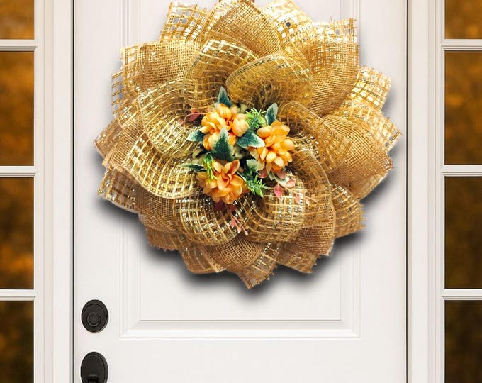 Fall Deco Mesh Flower Wreath with Orange Florals, Fall Front Door Decor, Gold Mesh Petal Wreath, Handmade Seasonal Accent