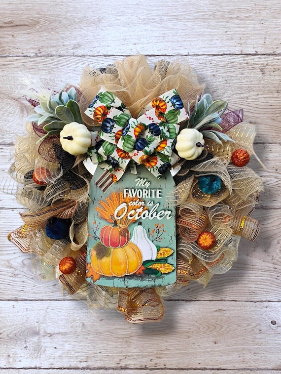 October Colors Fall Wreath – Neutral Mesh Wreath with Pumpkins, Succulents & Bow