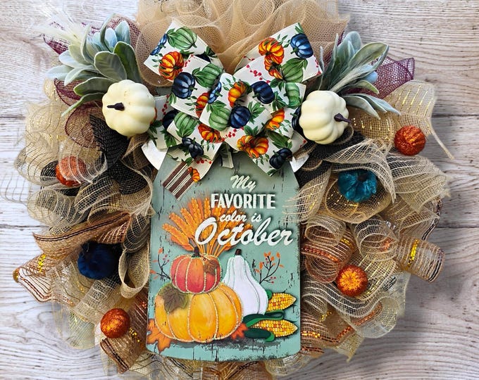 October Colors Fall Wreath – Neutral Mesh Wreath with Pumpkins, Succulents & Bow