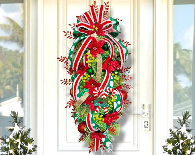Christmas Swag Wreath: Candy Cane Holiday Door Decoration with Farrisilk Ribbon