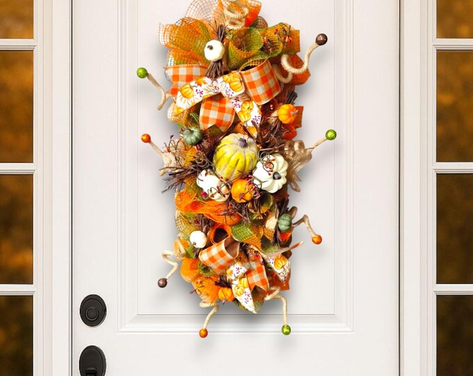 Pumpkin & Plaid Fall Swag: Farmhouse Autumn Door Decor