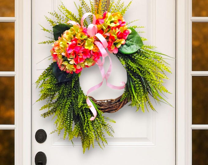 Pink Hydrangea & Green Fern Wreath: Farmhouse Front Door Decor