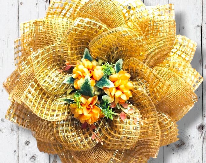Handmade Fall Wreath, Gold Deco Mesh Flower, Orange Florals, 21 Inch