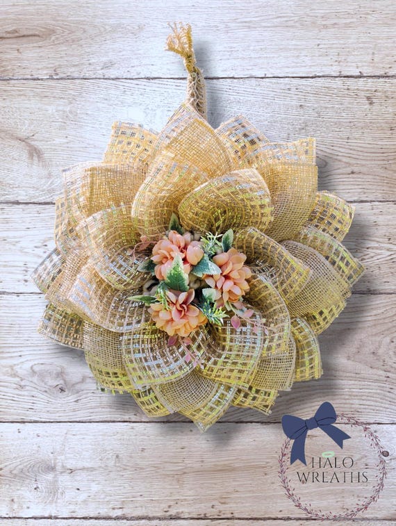 Golden Bloom Burlap Flower Wreath Rustic Farmhouse Door Decor Spring & Summer Floral Accent Flower Wreath