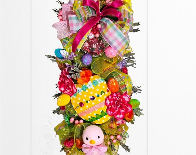 Easter Chick Wreath, Colorful Spring Door Decor, Easter Egg Swag, Handmade Ribbon Bow