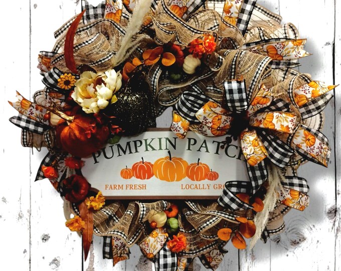 Fall Pumpkin Wreath for Front Door in Buffalo Plaid 26 Inch Farmhouse Fall Deco Mesh Wreath with Pumpkins, Ribbons & Sign