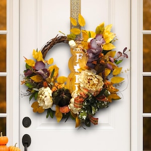 Fall Grapevine Wreath: Pumpkins, Peonies & &#39;Hello Fall&#39; Sign