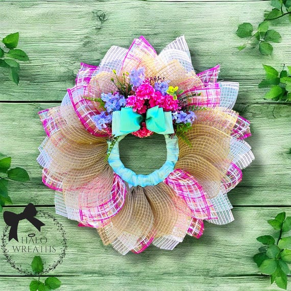 Bright Spring Mesh Flower Wreath with Bow & Wildflowers – 22” Door Decor