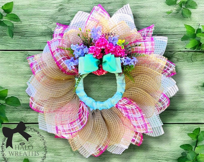 Bright Spring Mesh Flower Wreath with Bow & Wildflowers – 22” Door Decor