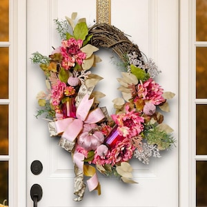 Pink Pumpkin Fall Grapevine Wreath – Fall Front Door Decor
