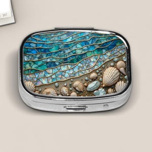 Ocean Shore Pill Box – Stained Glass Beach Design with Seashells and Waves, Coastal Travel Pill Case, Small Pocket Organizer