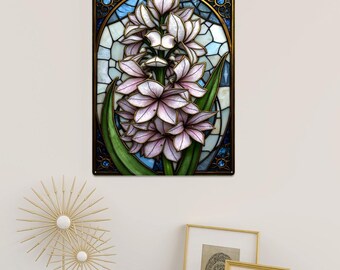 Stained Glass Style Hyacinth Tin Wall Art Vintage Botanical Flower