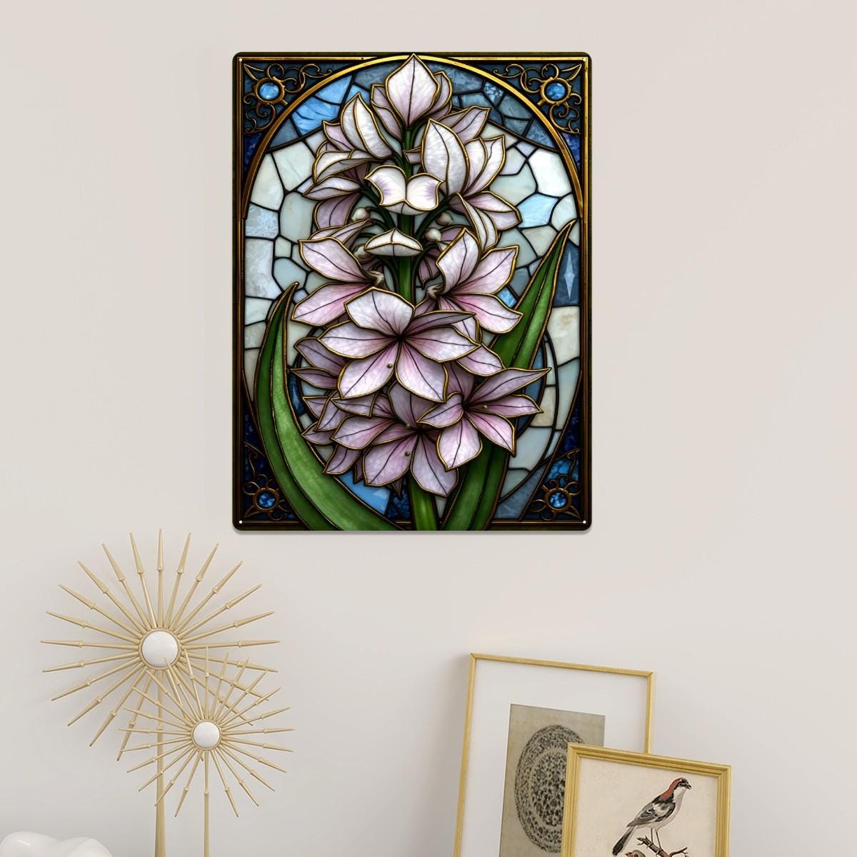 Stained Glass Style Hyacinth Tin Wall Art Vintage Botanical Flower