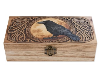 Raven and Full Moon Wood Box – Gothic Crow with Celtic Knot Design, Witchy Wooden Jewelry Storage Keepsake Box