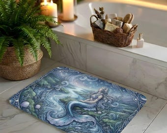 Juego de alfombrillas de baño a juego con escena de sirenas en el río / Fantasía oceánica, conchas marinas, ilustración náutica.