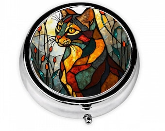 Stained Glass Cat Pill Box – Colorful Mosaic Kitty Travel Pill Case, Feline Art Pocket Organizer, Cat Lover Gift Idea